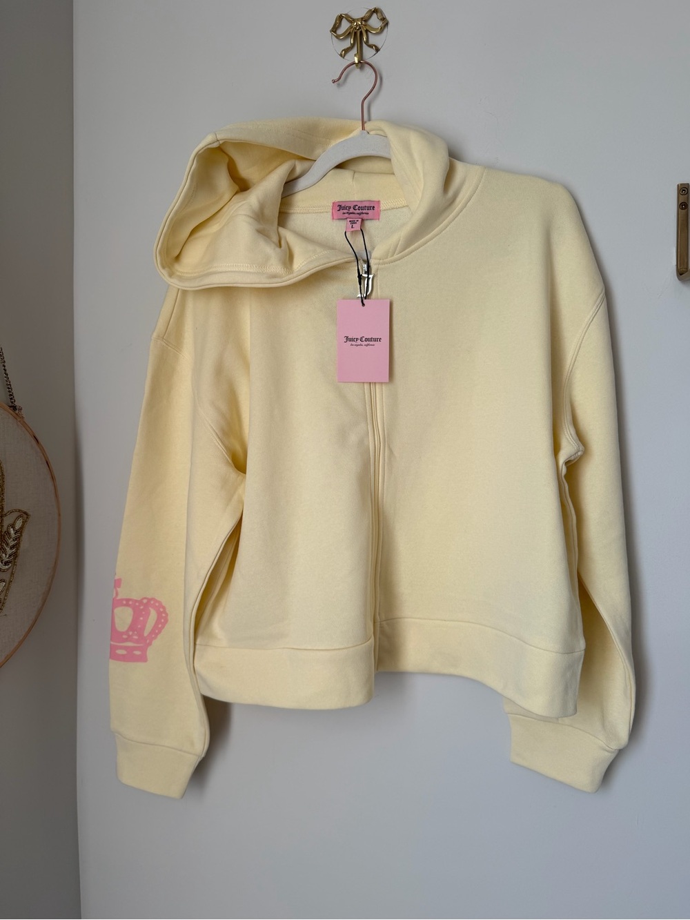 Yellow Zip-Up Hoodie with Pink Crown Detail rhinestone logo
